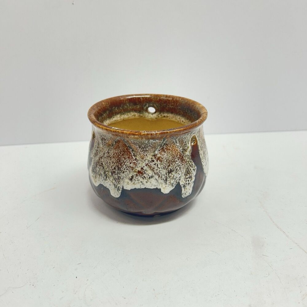 Vintage 1970s Drip Glaze Pottery Hanging Planter Mid Century Brown 3.5"